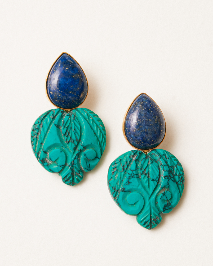 Carved heart earrings in lapis and turquoise