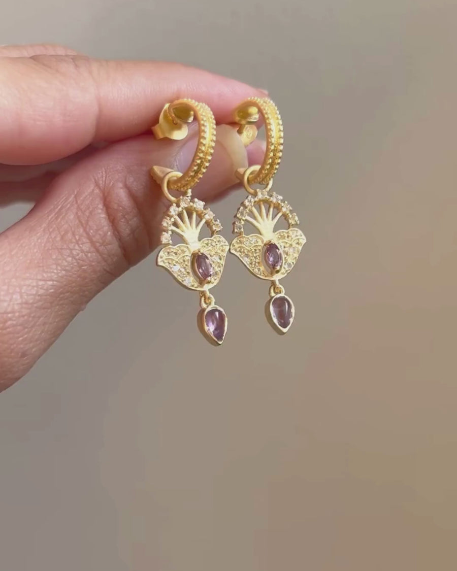 Lucky peacock hoops with amethyst - gold vermeil