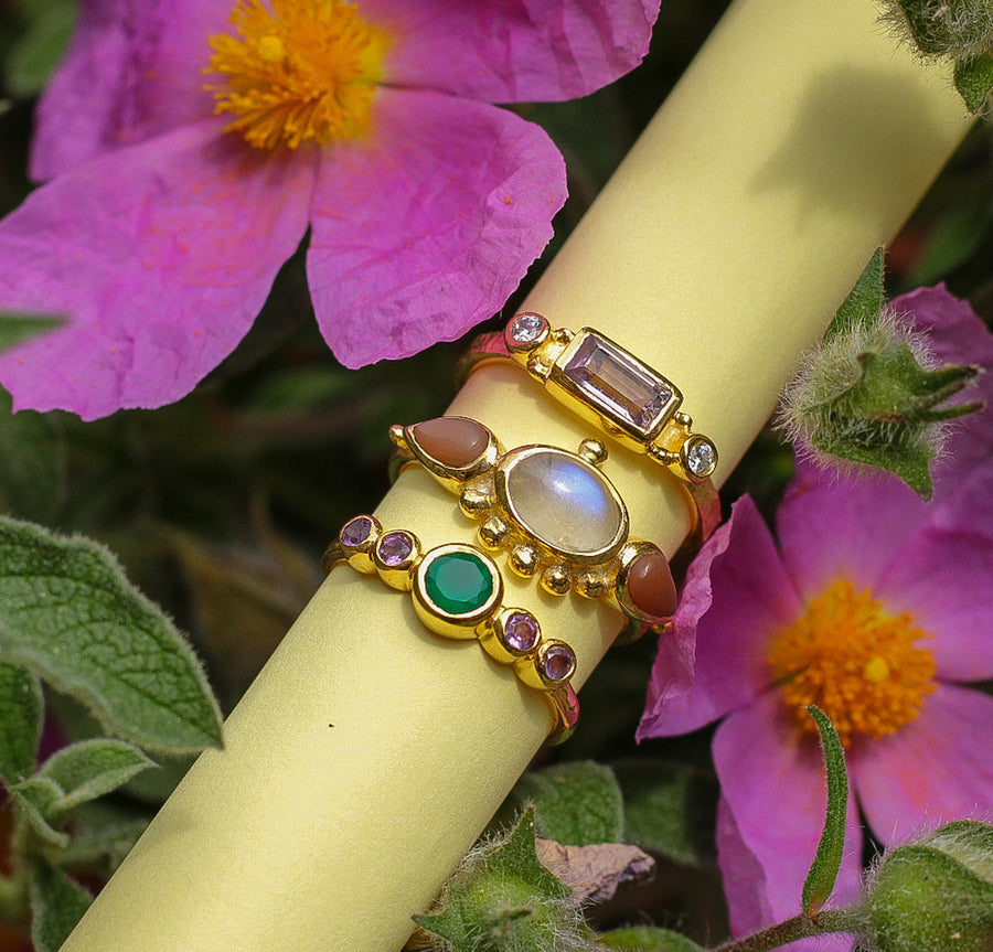 Gold vermeil green onyx and amethyst delicate ring