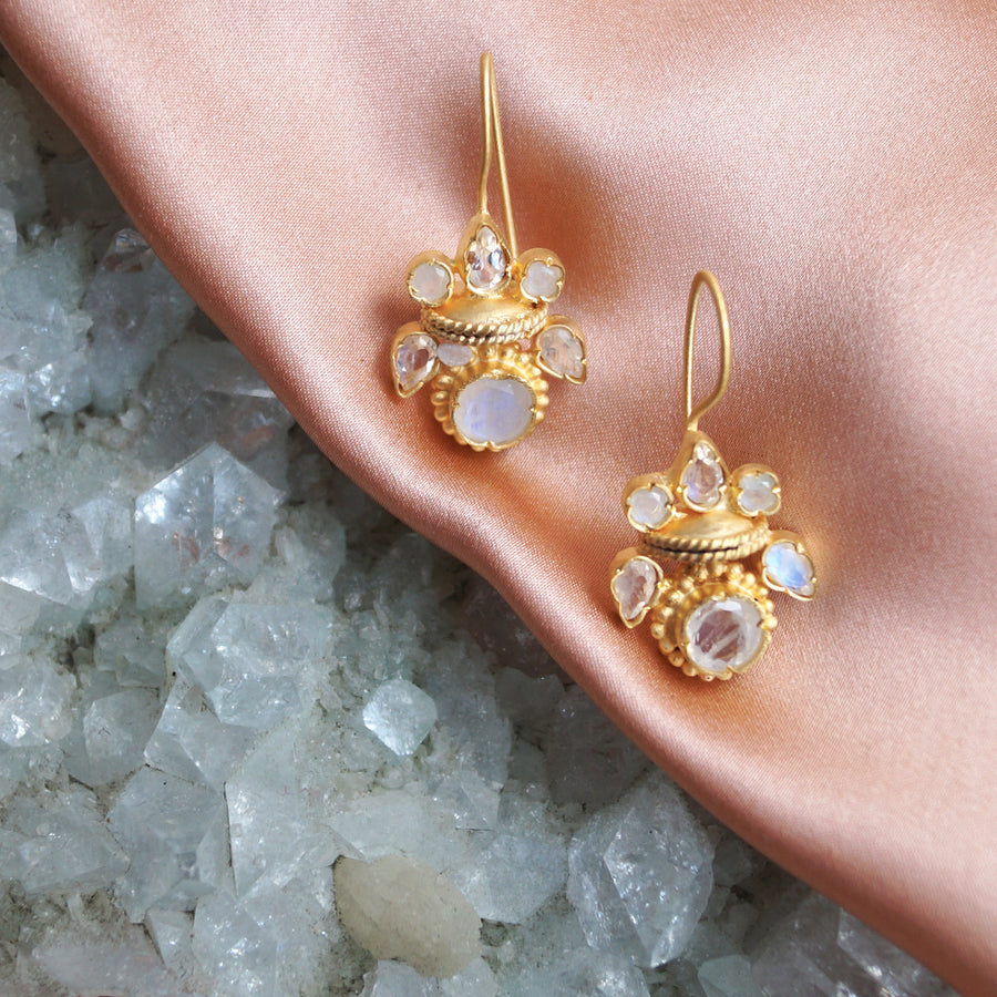 Intricate rainbow moonstone heritage gold earrings