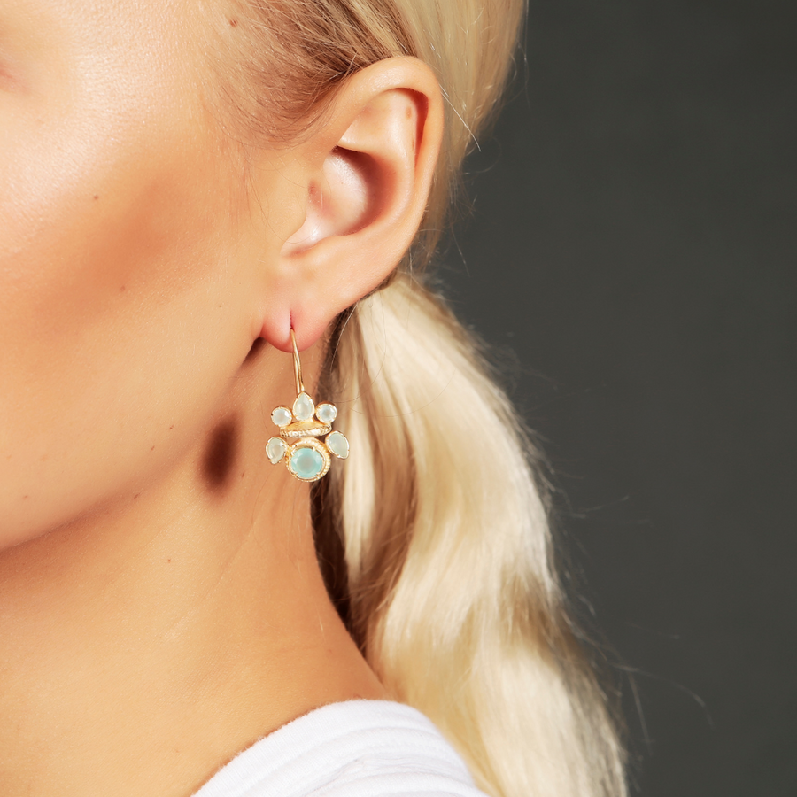 Intricate aqua chalcedony gold heritage earrings
