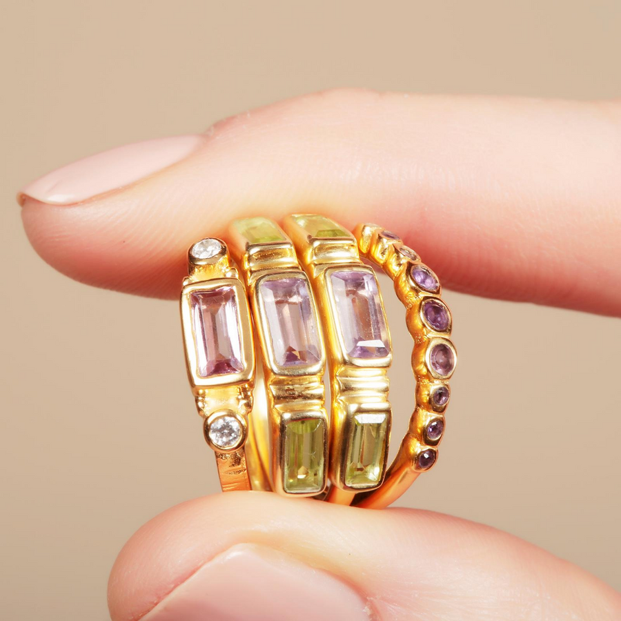 Gold vermeil amethyst and crystal deco ring