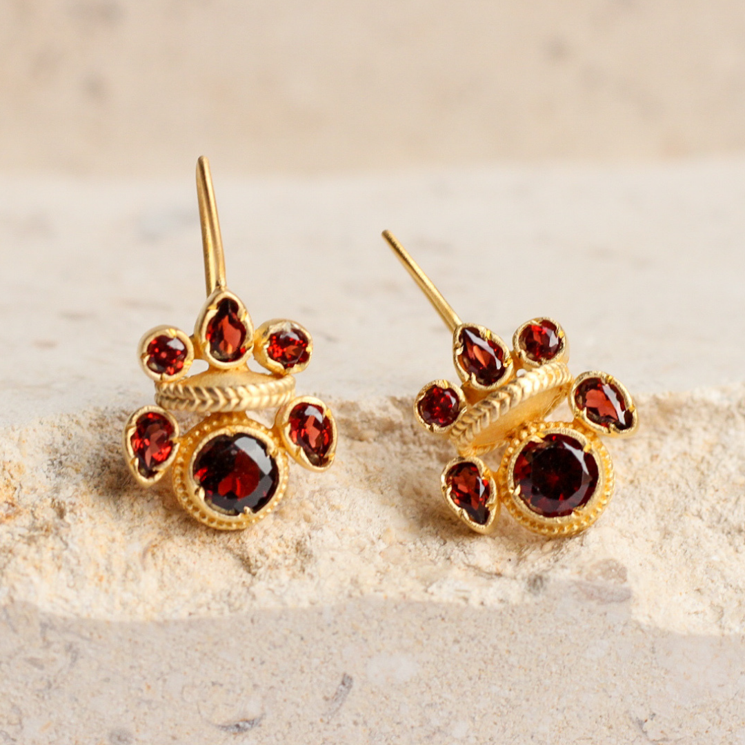 Intricate garnet gold heritage earrings Carousel Jewels