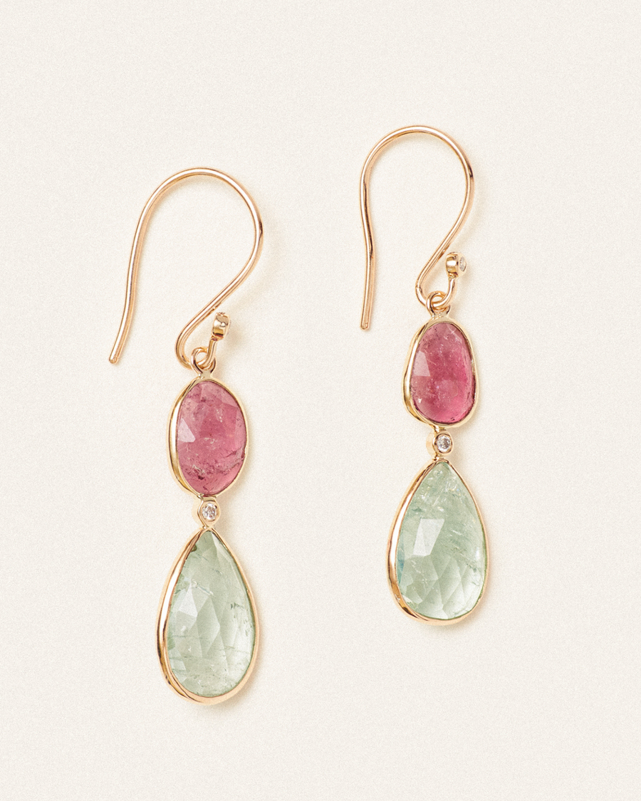 Tourmaline and diamond double drop earrings - 18 carat solid gold