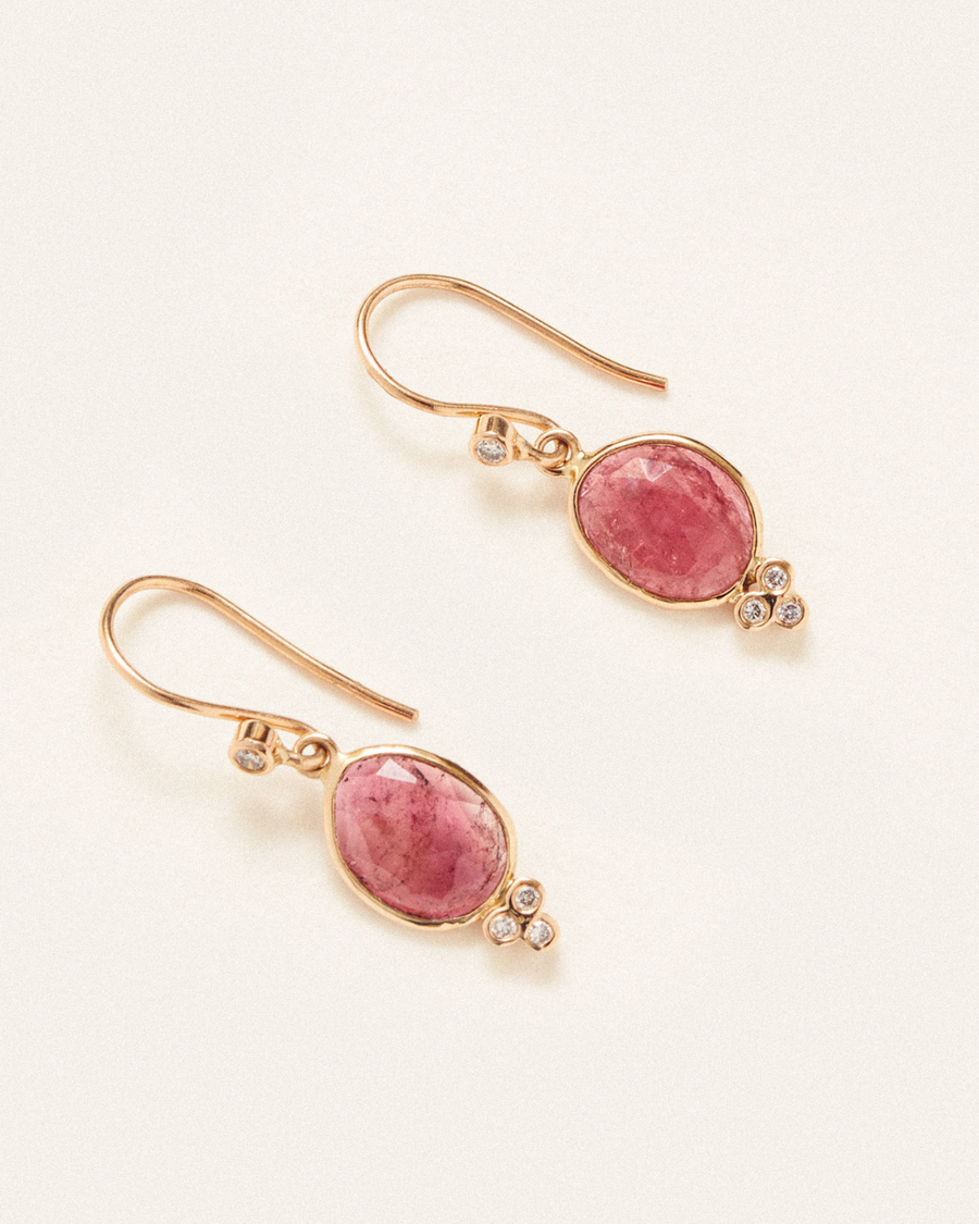 Pretty pink tourmaline and diamond drop earrings - 18 carat solid gold