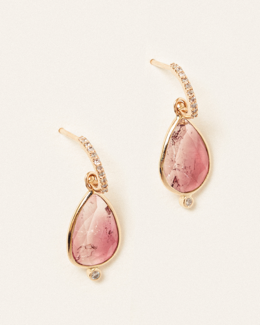 Diamond hoops with pink tourmaline drops - 18 carat solid gold