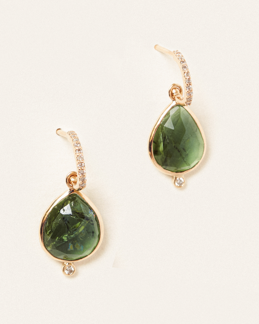 Diamond hoops with green tourmaline drops - 18 carat solid gold