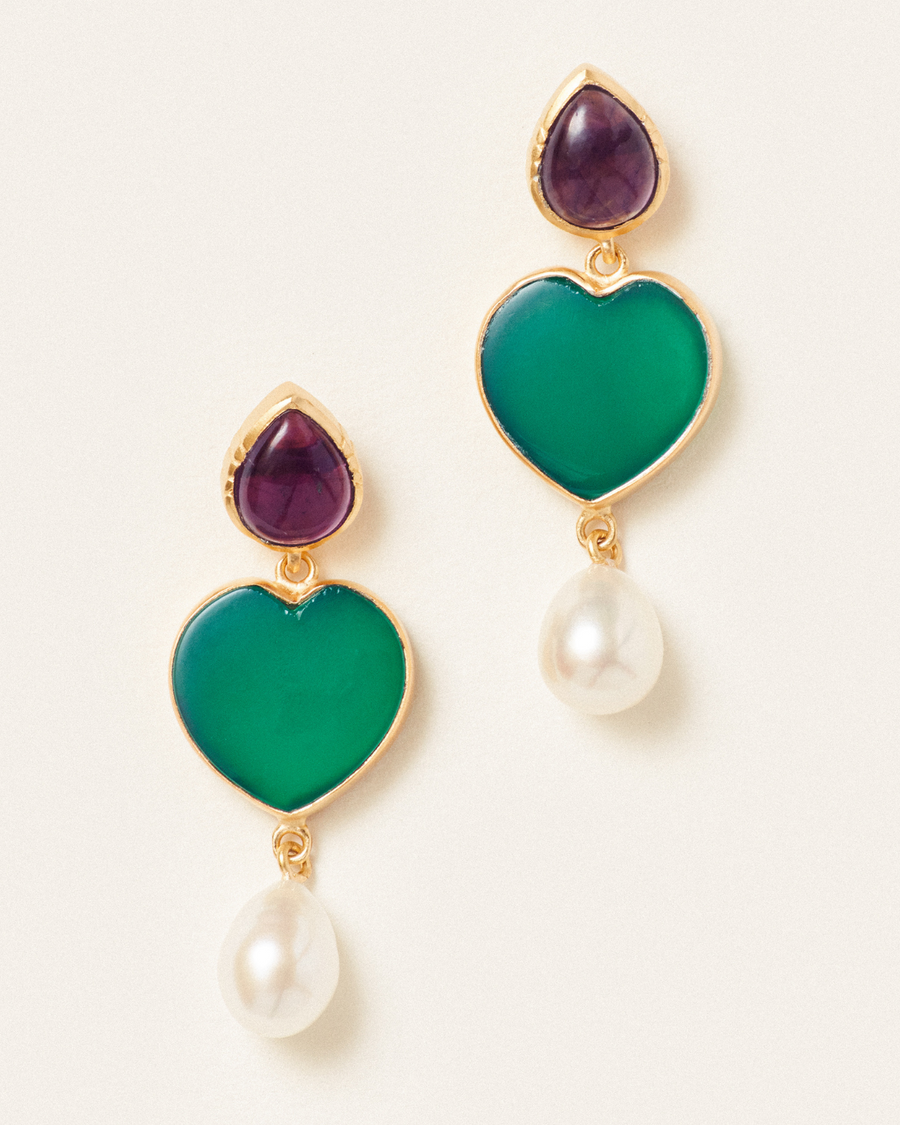 Ula earrings in amethyst and green onyx and pearl