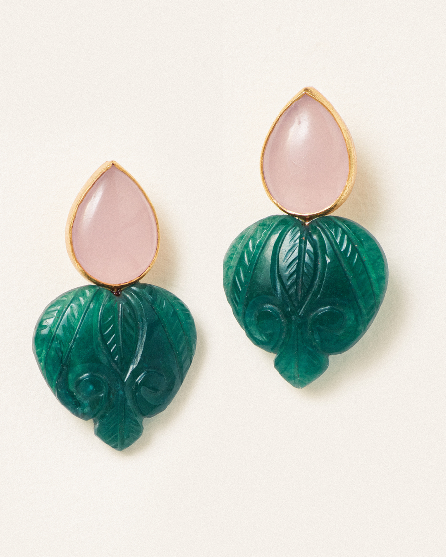 Carved heart earrings in rose chalcedony & onyx
