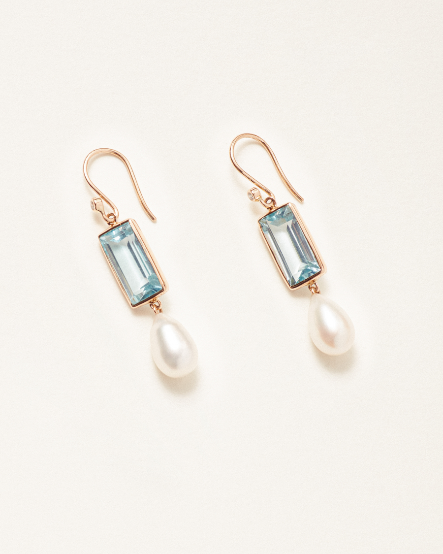 Elsa earrings with diamond, blue topaz & pearl - 18 carat solid gold