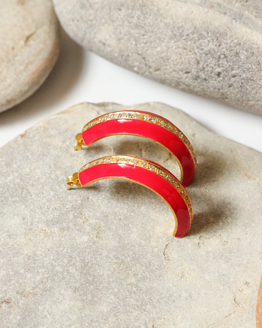 Arc crystal hoops in deep pink enamel - Sample