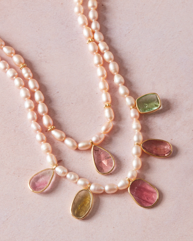 Rose pearl and natural tourmaline necklace - Limited edition