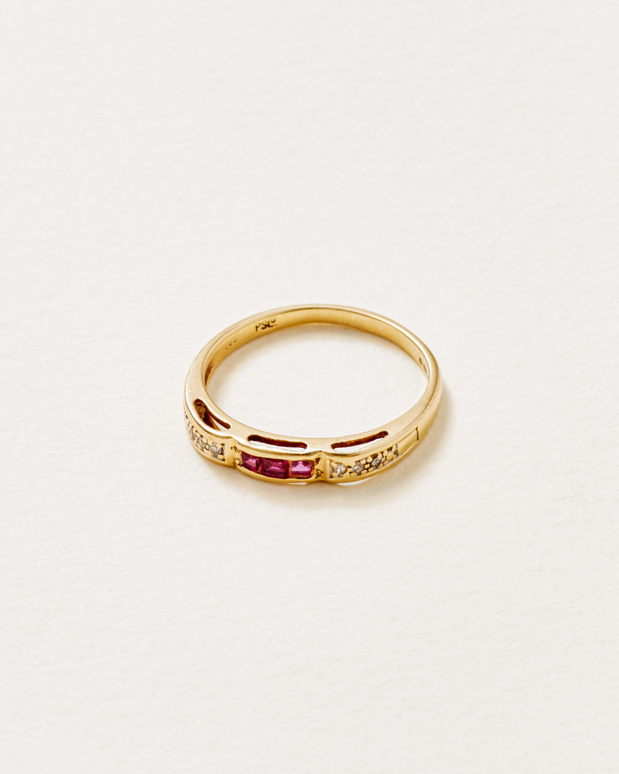 Vintage ruby and diamond channel set  ring - 9 carat solid gold