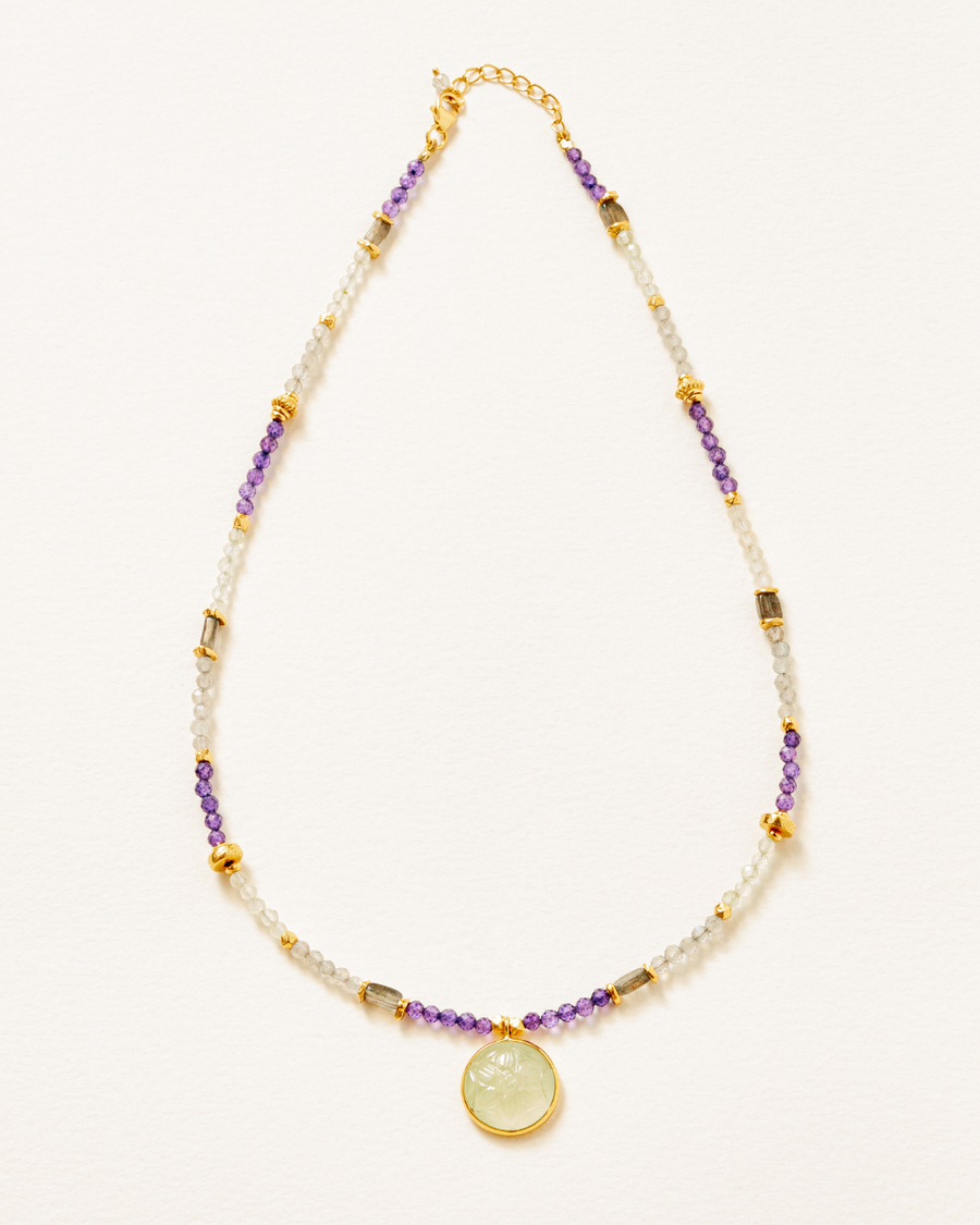 Prehnite flower of life with amethyst and labradorite necklace