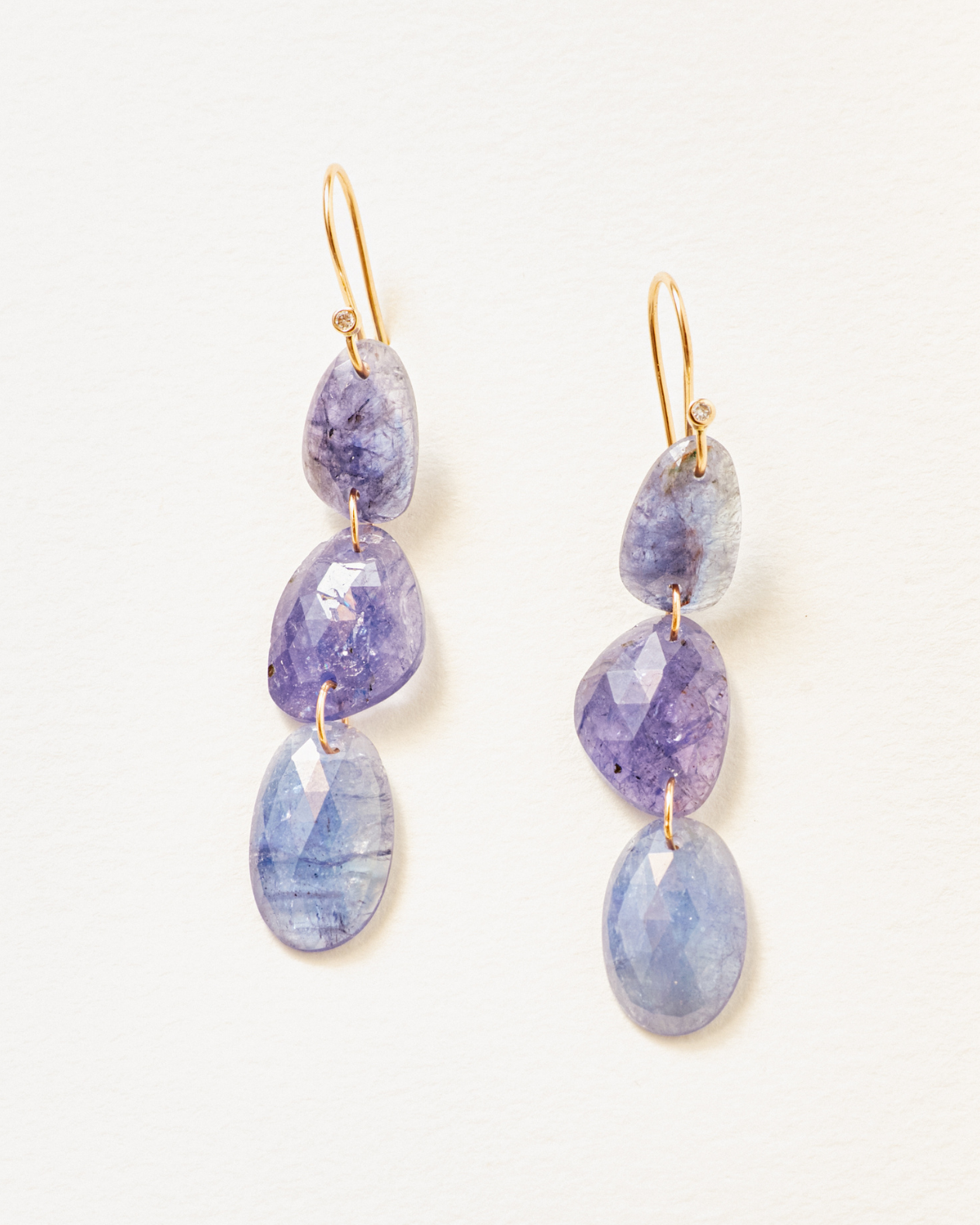 14k solid gold triple drop tanzanite and diamond earrings
