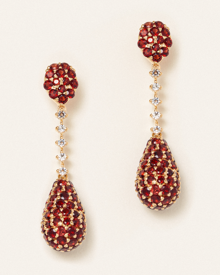 Pendulum statement earrings with garnet and white topaz