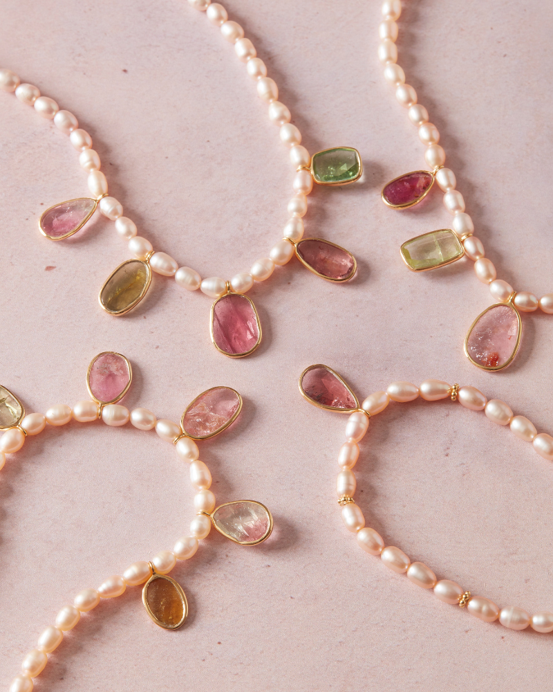 Rose pearl and natural tourmaline necklace - Limited edition