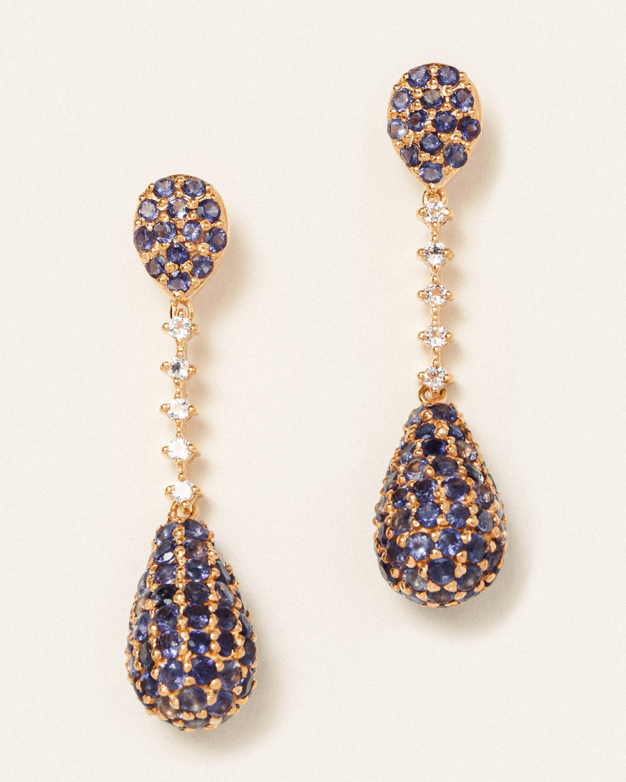 Pendulum statement earrings with iolite and white topaz