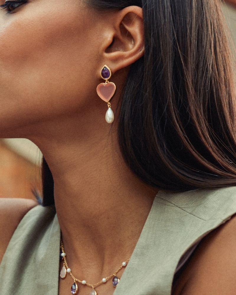 Ula earrings in amethyst, rose chalcedony and pearl