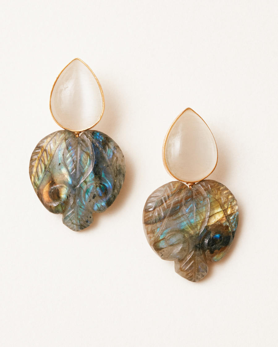 Carved heart earrings in moonstone and labradorite