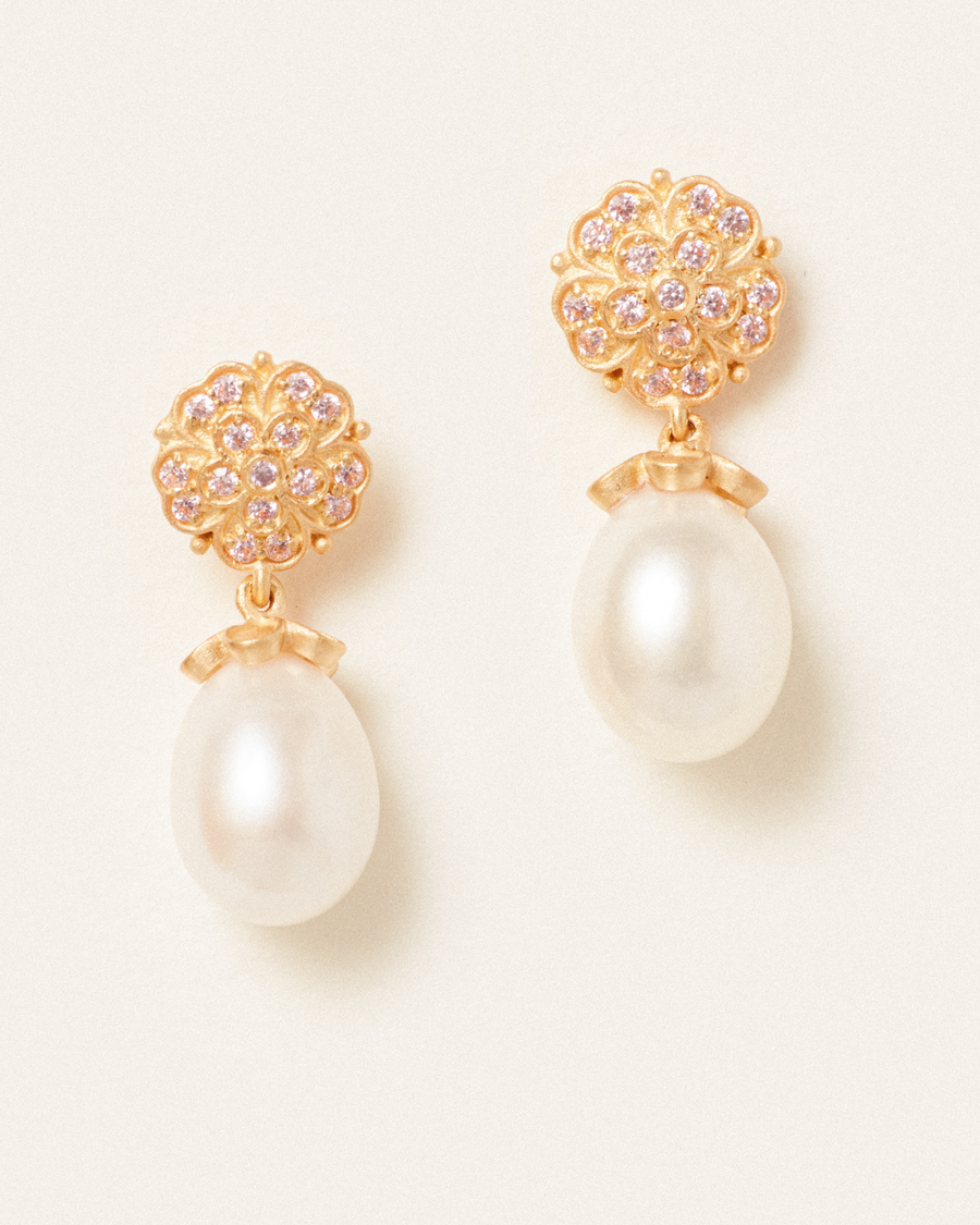 Pink Paloma earrings with pearl - gold vermeil