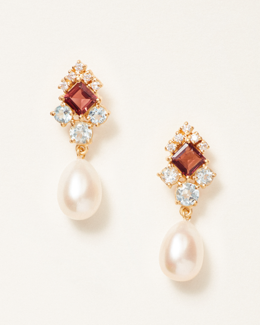 Clara earrings with pink tourmaline, blue topaz and pearl