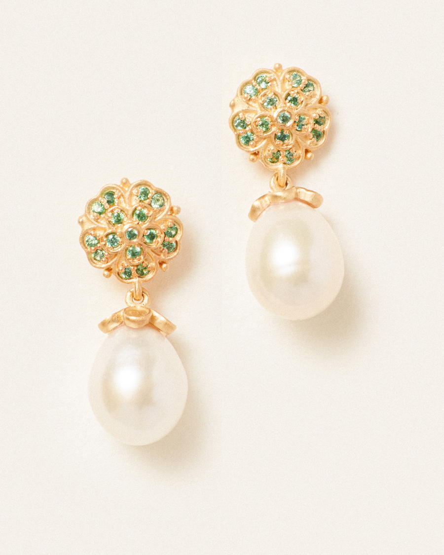 Green Paloma earrings with pearl - gold vermeil