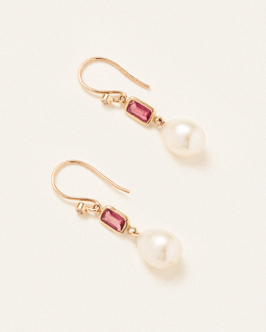 Francine earrings with diamond, pink tourmaline & pearl - 18 carat solid gold