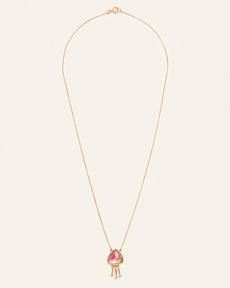 Watermelon tourmaline and diamond pendant - 18 carat solid gold