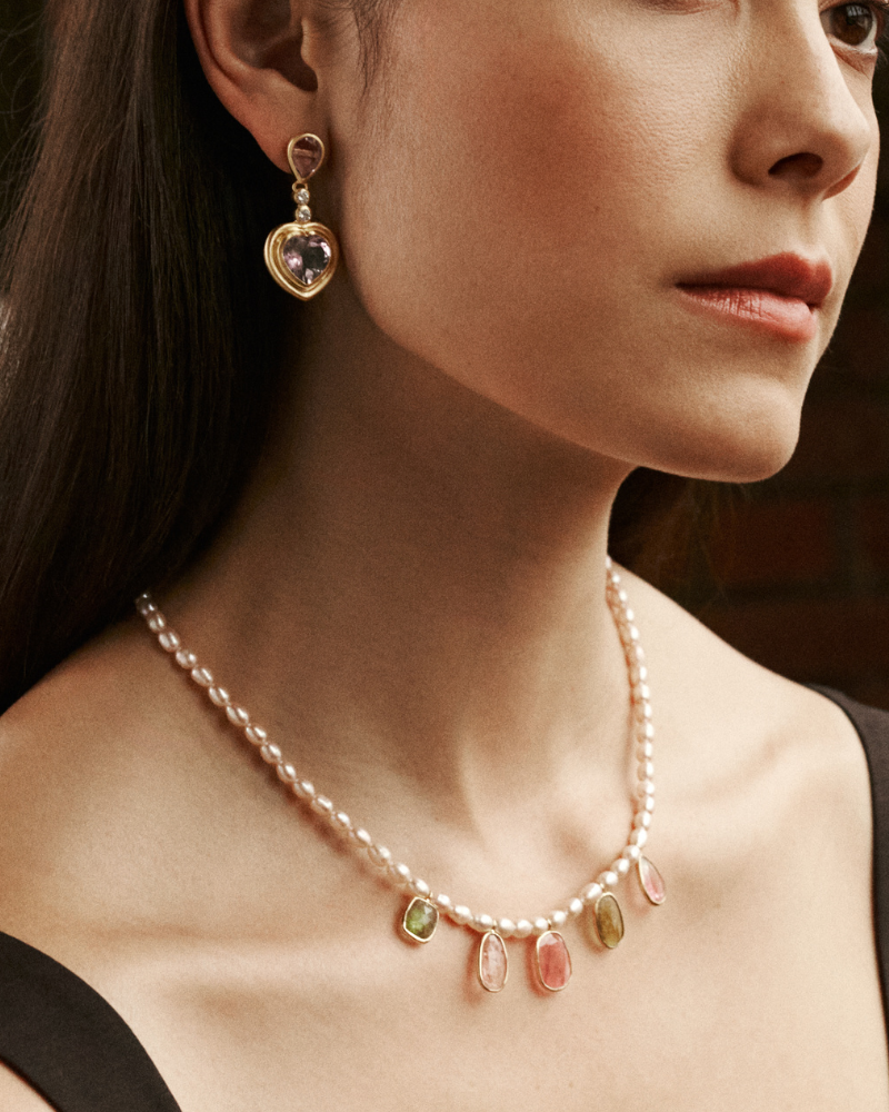 Rose pearl and natural tourmaline necklace - Limited edition