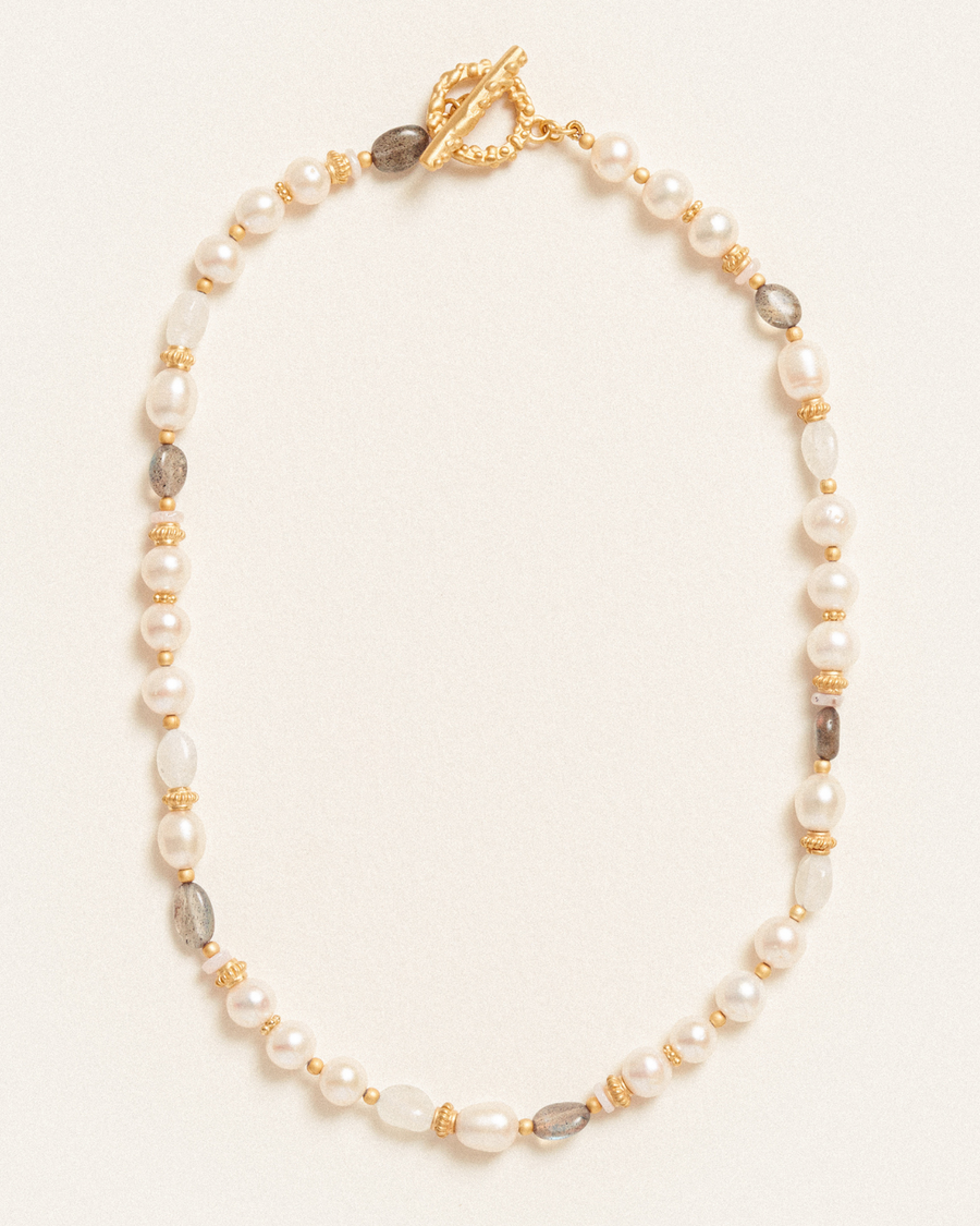 Brigitte necklace with pearl, labradorite, moonstone and pink opal
