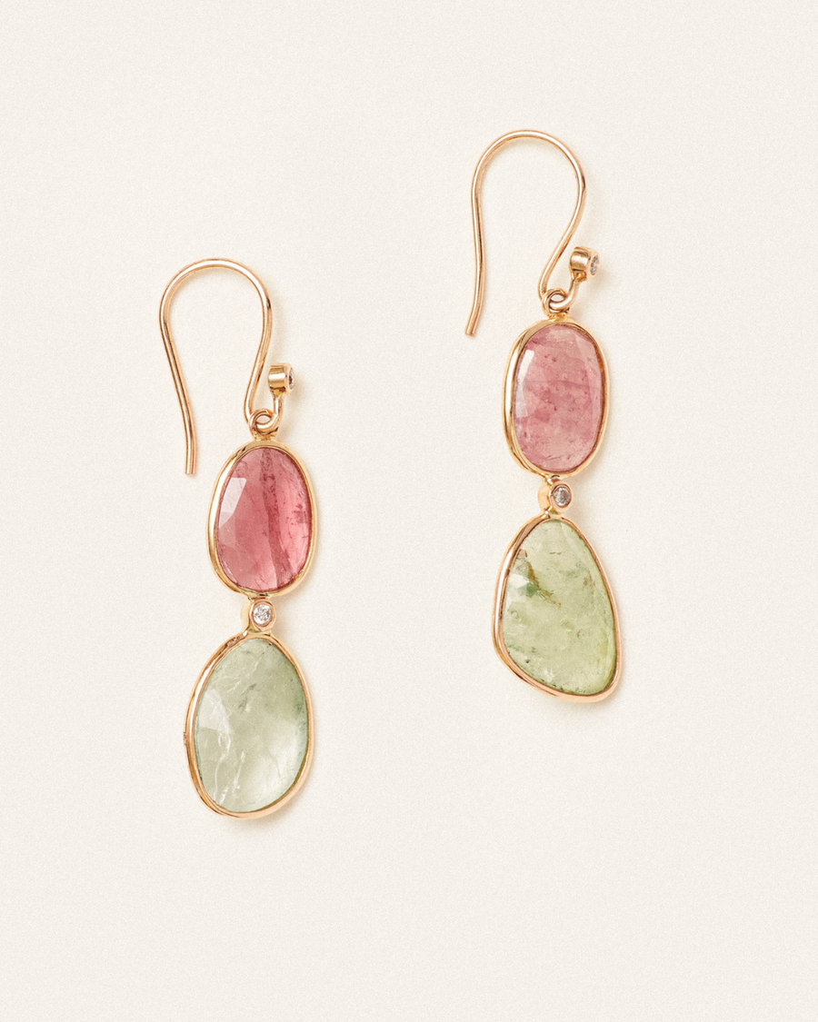 Tourmaline and diamond double drop earrings - 18 carat solid gold