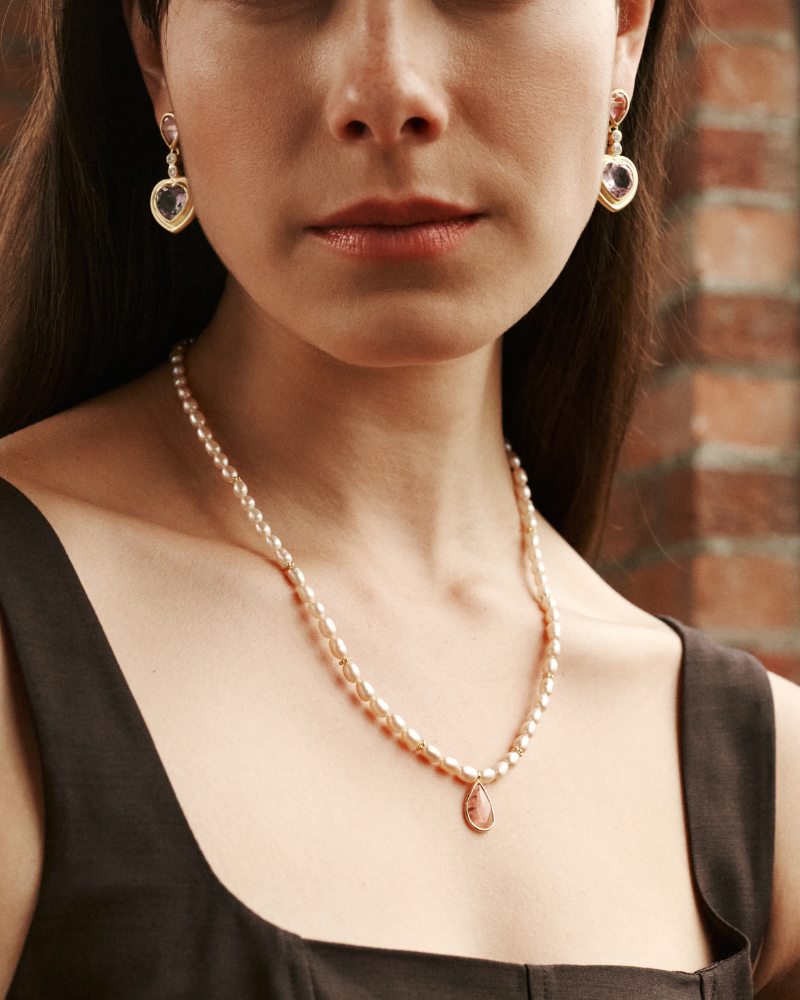 Rose pearl and natural tourmaline pendant - Limited edition