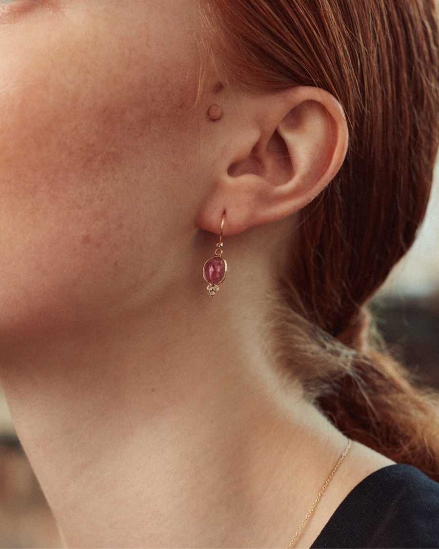 Pretty pink tourmaline and diamond drop earrings - 18 carat solid gold