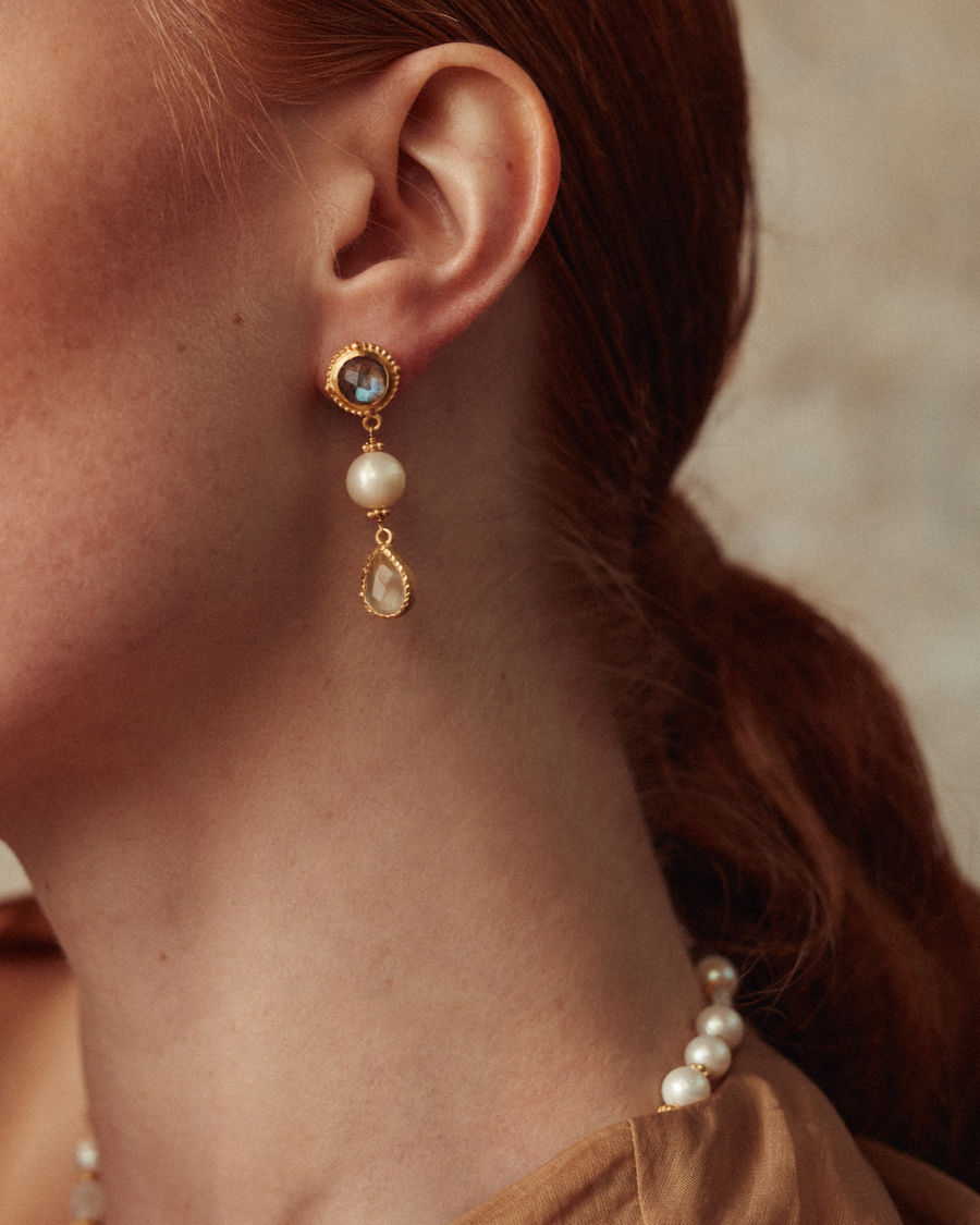 Lottie earrings in labradorite, prehnite and pearl