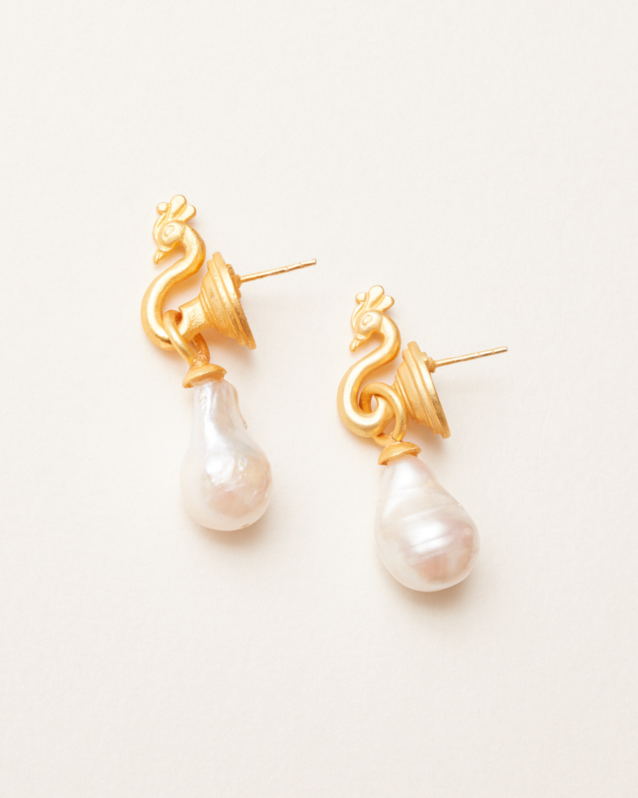 Mystical peacock and baroque pearl gold earrings