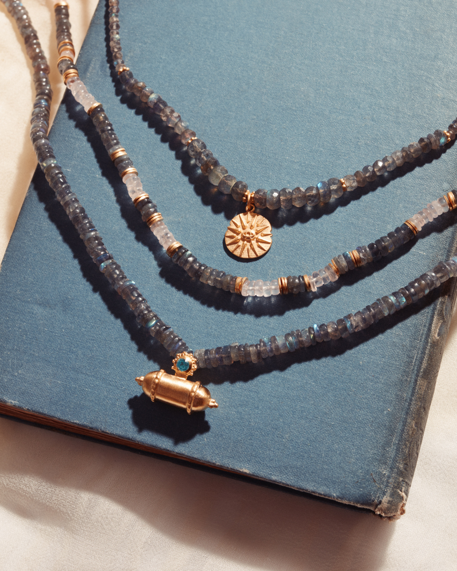 Golden amulet necklace with labradorite
