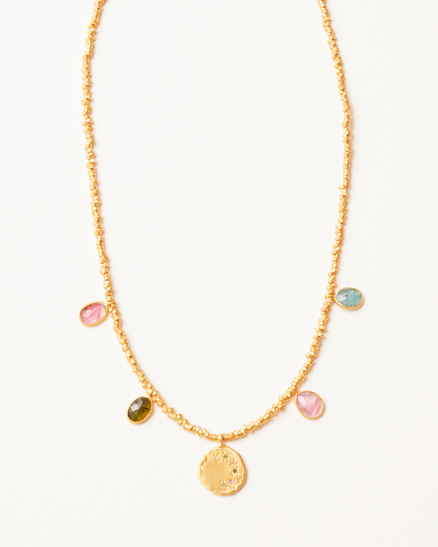 Golden six star talisman and tourmaline necklace