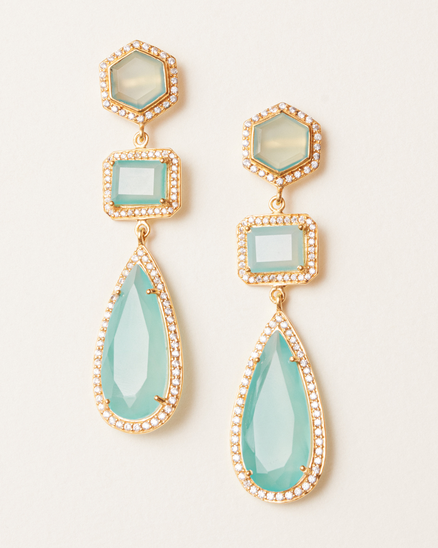 Twilight statement earrings with aqua chalcedony and crystals