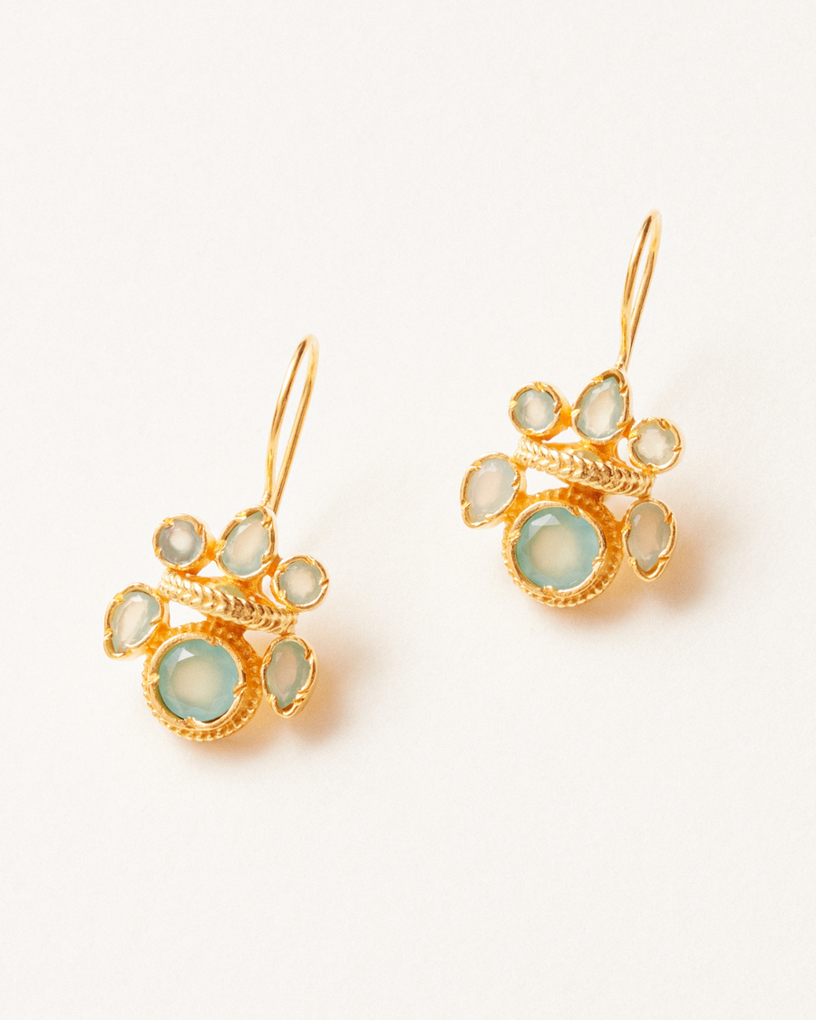 Intricate aqua chalcedony gold heritage earrings