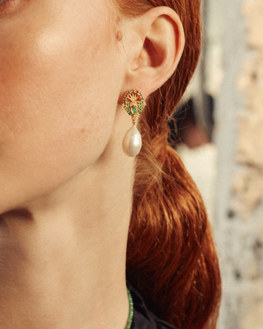 Lucky peacock earrings with emerald - gold vermeil