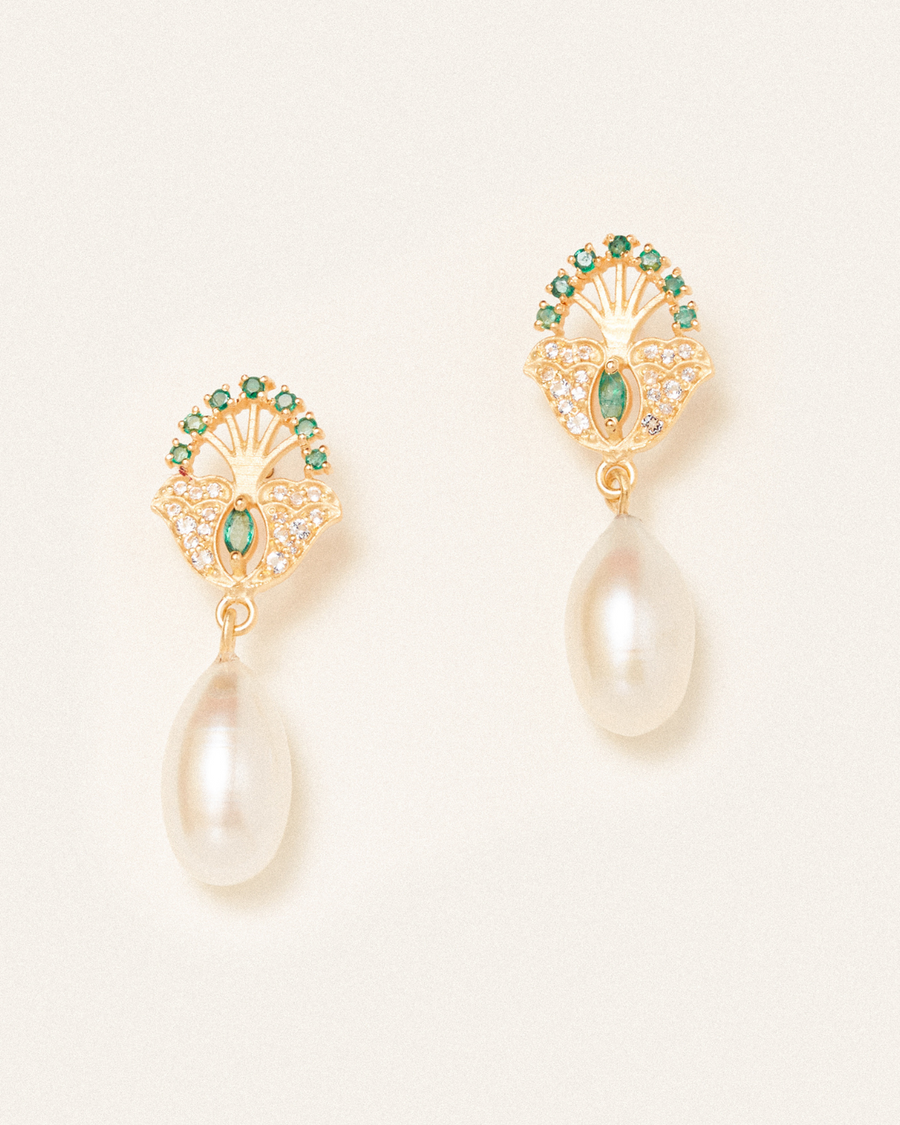 Lucky peacock earrings with emerald - gold vermeil