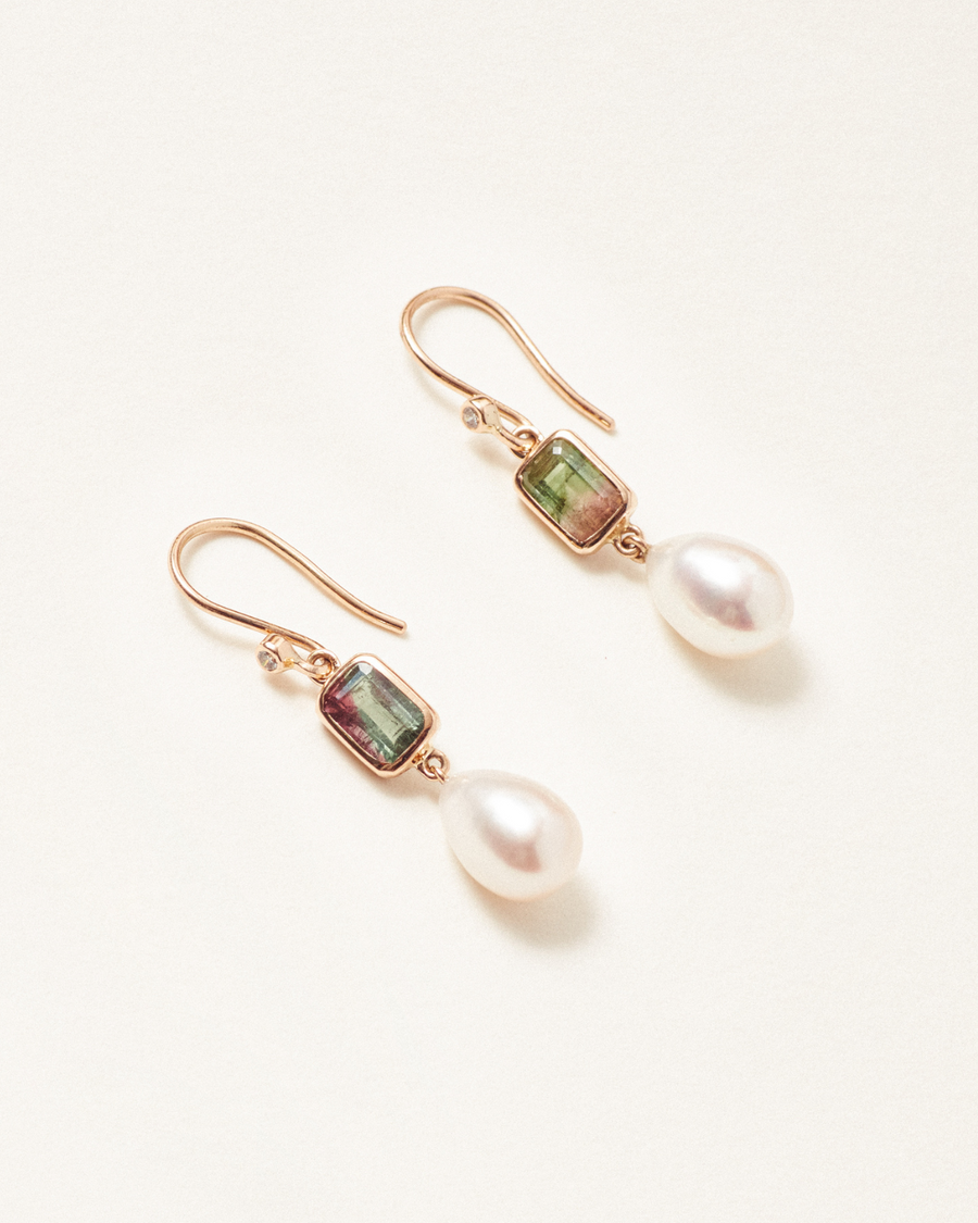 Francine earrings with diamond, watermelon tourmaline & pearl - 18 carat solid gold