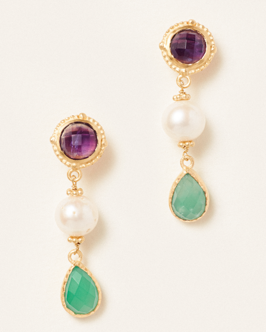 Lottie earrings in amethyst, chrysoprase and pearl