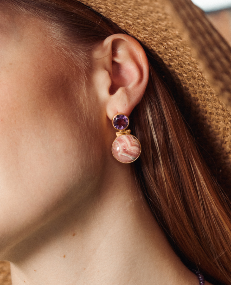 Priscilla statement earrings with amethyst and rhodochrosite  - Seconds