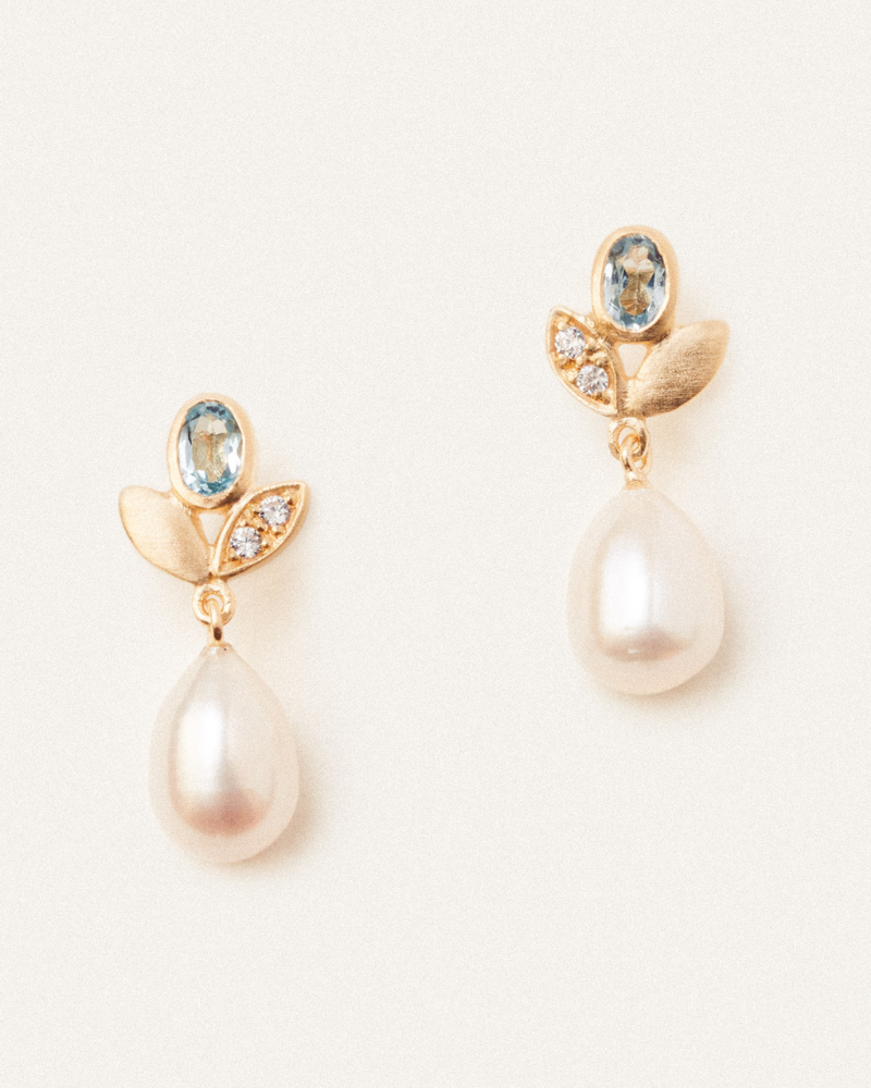 Dahlia earrings with blue topaz and pearl - pre-order