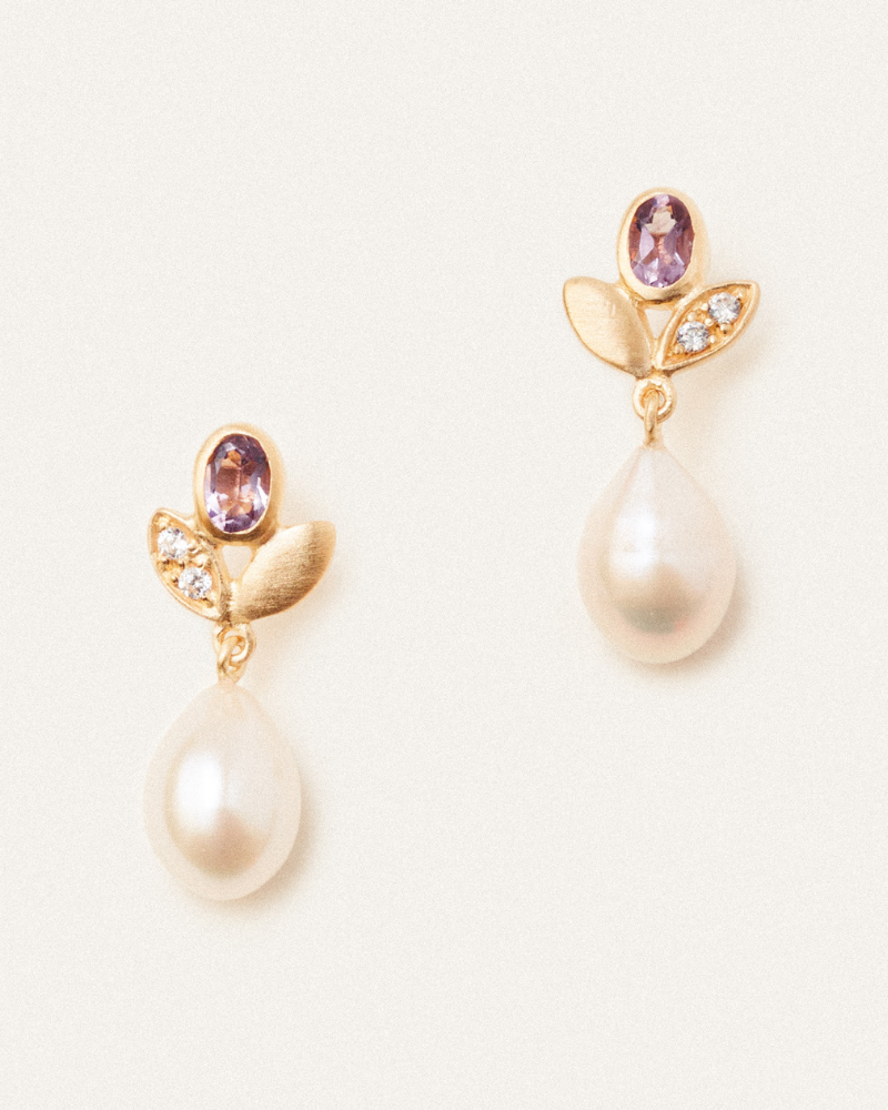 Dahlia earrings with pink amethyst and pearl - pre-order