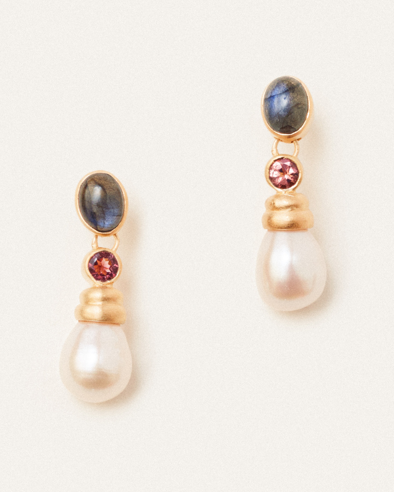 Dilly earrings with pink tourmaline, labradorite and pearl