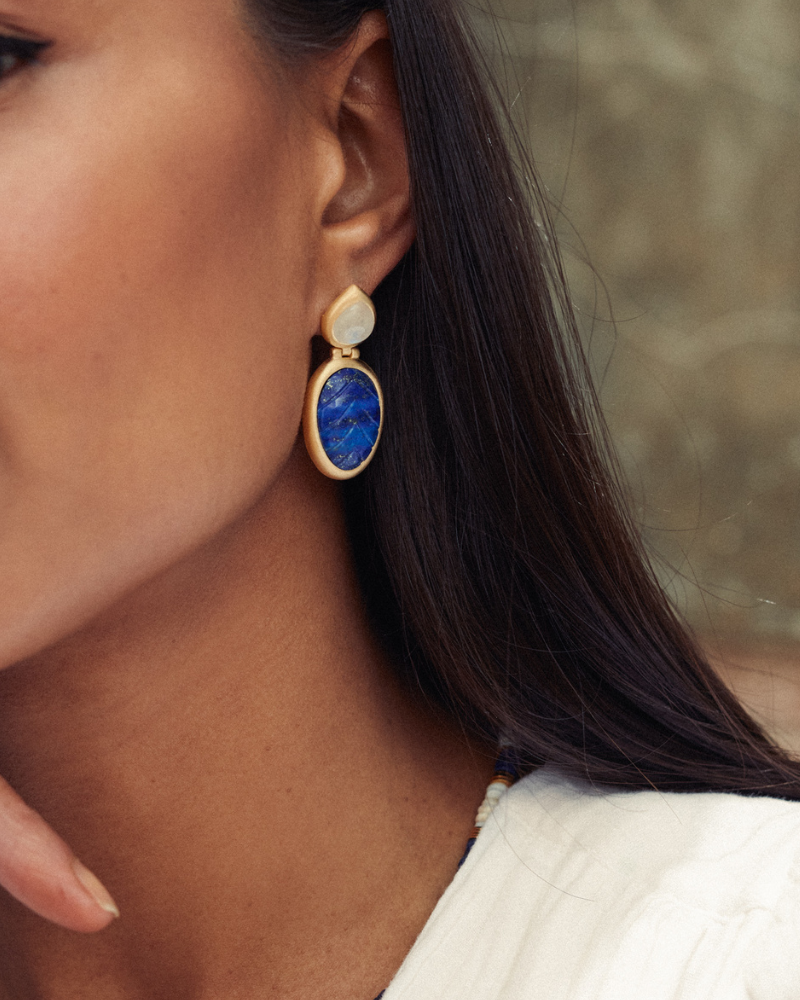 Gladys statement earrings with carved lapis and moonstone