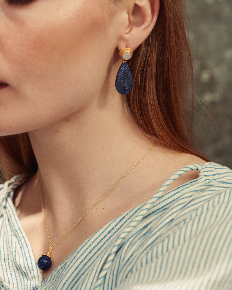 Reya statement earrings with carved lapis and moonstone - pre-order